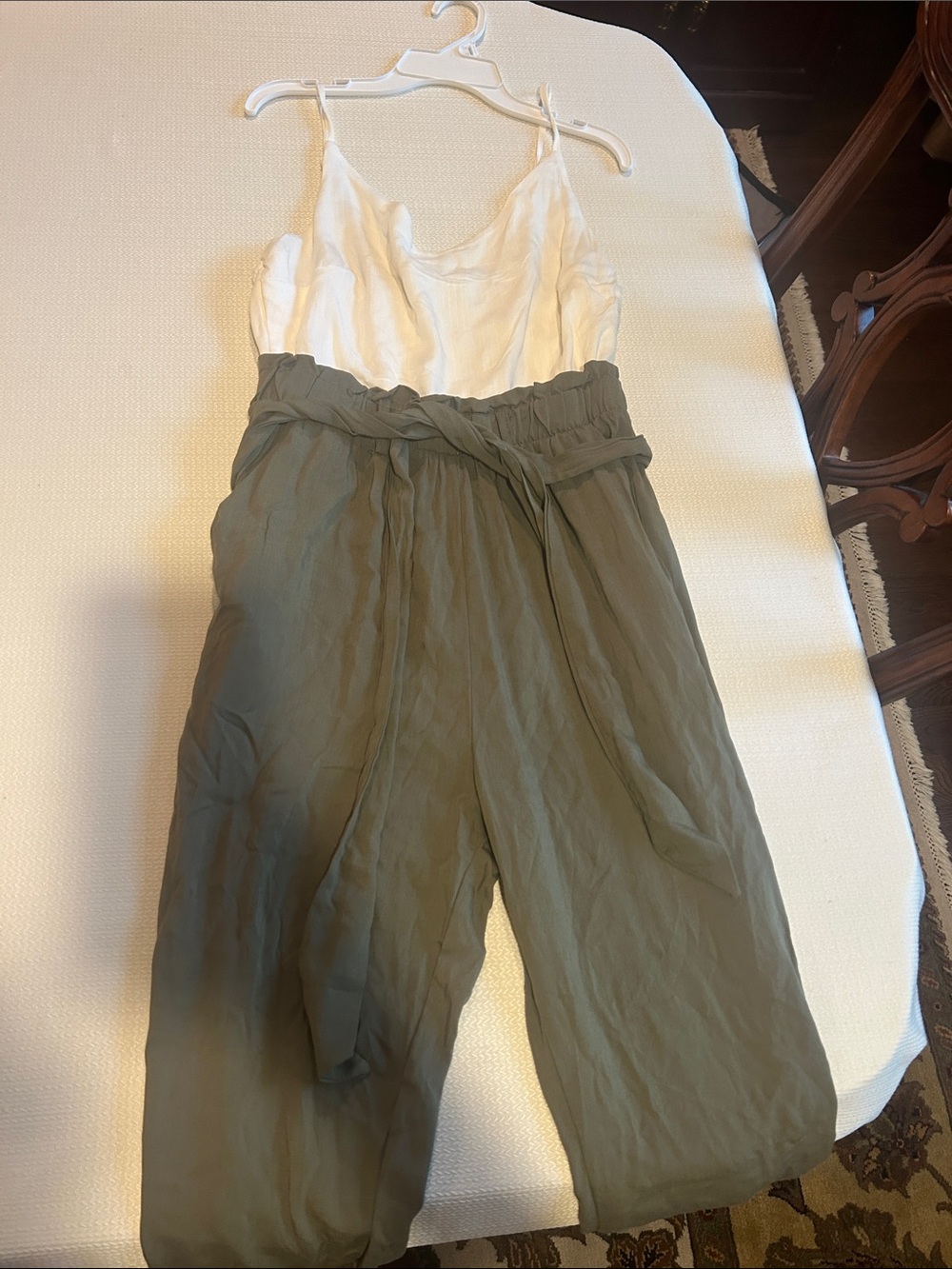 Olive Green and Cream Paperbag Jumpsuit with Tie Belt